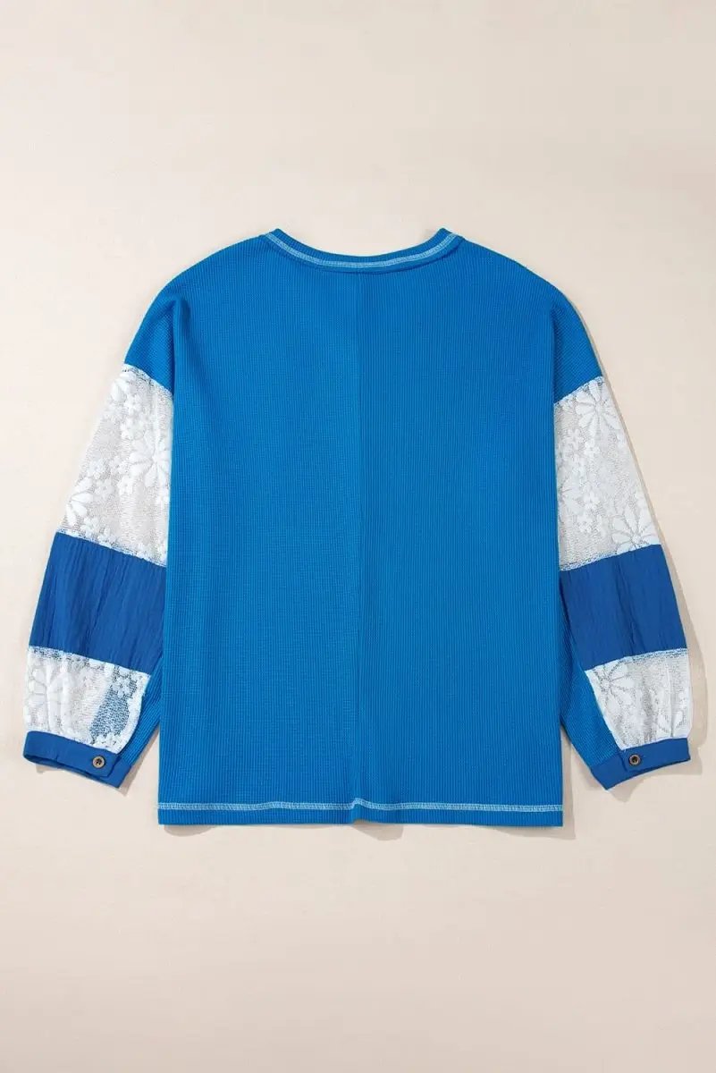 Sky Blue Lace Floral Patchwork Sleeve Stitching V Neck Rib Knit Blouse - Love Salve